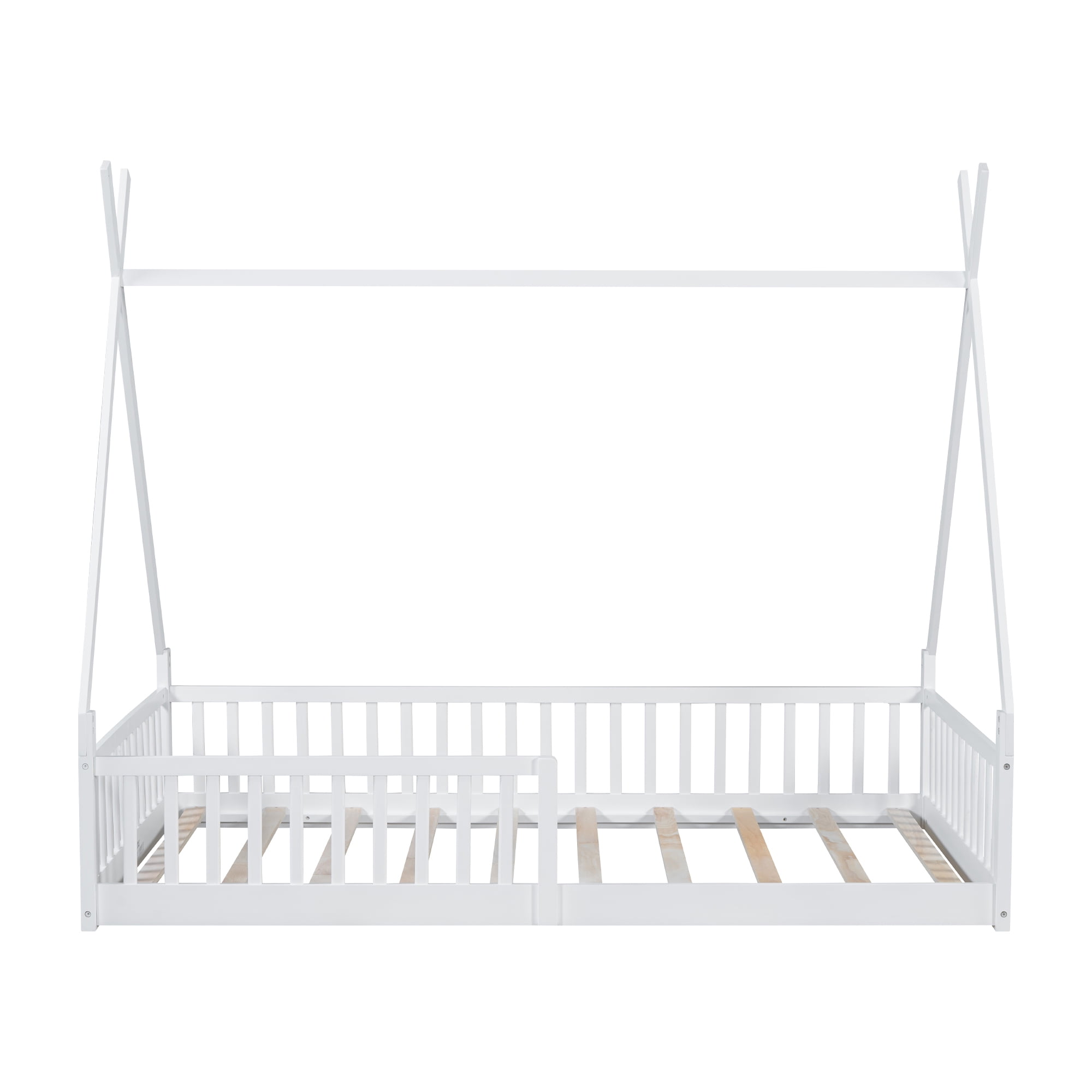 Euroco Twin Size House Platform Bed, Floor Bed with Guardrails for Kids Teens Room, White