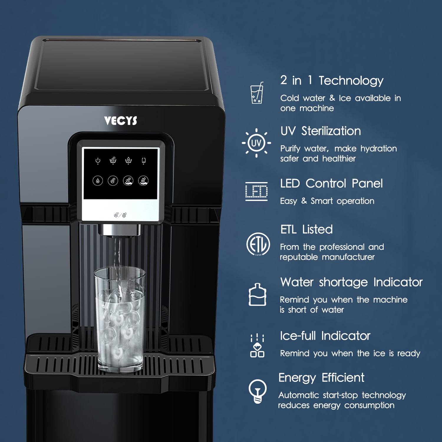 VECYS 3 5 gal Bottom Loading Cold Water Cooler with Ice Supply, 18LBS Daily Ice Making