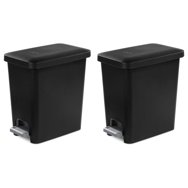 Sterilite - Papelera rectangular StepOn de 2,7 galones con tapa, pequeño cubo de basura de plástico para el baño, dormitorio o oficina en casa, pedal y forro, color negro, paquete de 2