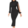 thumbnail image 2 of Dwaogom Fashion Women's Casual Solid Round Neck Ruffle Ruched Long Sleeve Slit Fold Dresses With Zipper Halter Summer Midi 2024 Rockabilly Cocktail Dress, 2 of 9