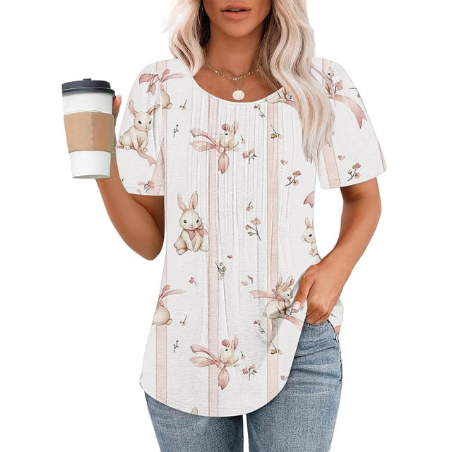 Mareep Blouse pour Femmes S-2TG Manches Courtes Décontractée Col Rond Imprimé Cadeau de Pâques