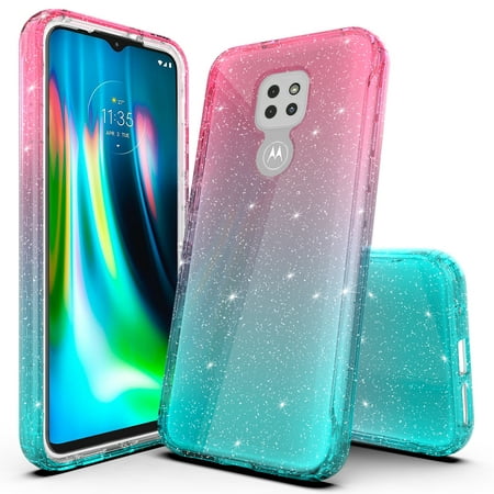 Moto G Play 2021 Case, Rosebono Hybrid Glitter Sparkle Transparent Colorful Gradient TPU Skin Cover 360 Protection Case For Motorola Moto G Play 2021 (Pink/Teal)