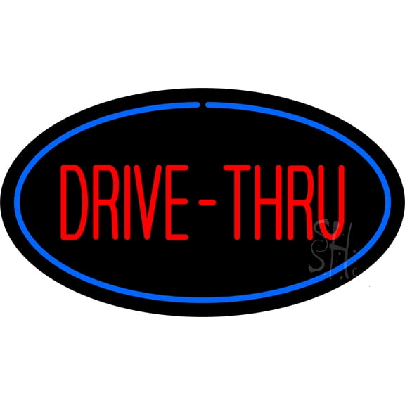 Drive-Thru Oval Blue LED Neon Sign 20 x 37 - inches, Black Square Cut Acrylic Backing, with Dimmer - Bright and Premium built indoor LED Neon Sign for restaurant window and interior decor.
