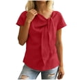 thumbnail image 3 of FchengtaiS Women's Short Sleeve Business Casual Shirts Elegant Knot Neckline Tops Summer Cotton Linen Blouse, 3 of 7