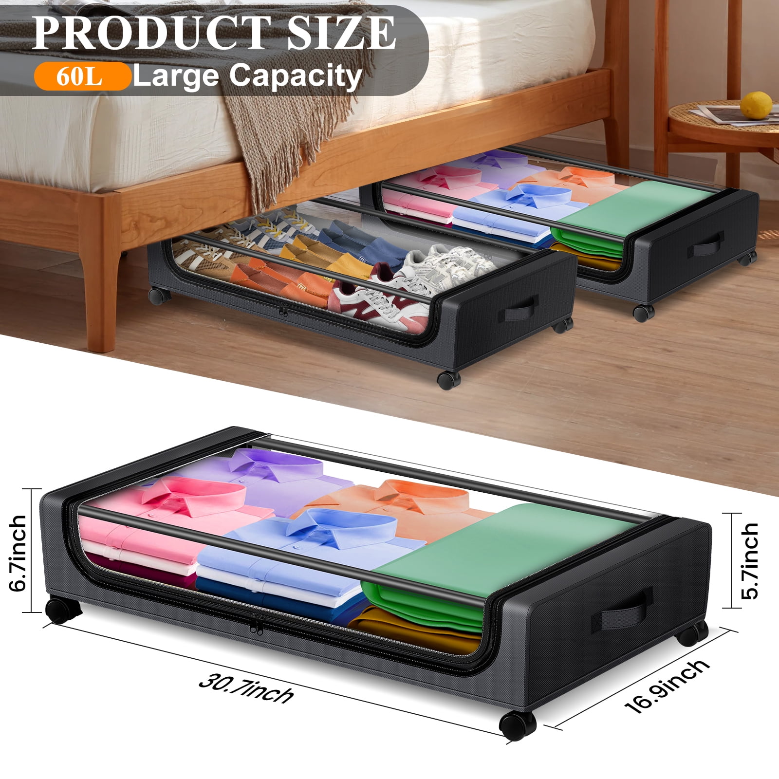 Under Bed Storage with Wheels, 2 Pack Under Bed Storage Containers with Clear Lids & Dividers, Underbed Storage Organizer & Underbed Storage with Wheels for Clothes, Blankets, Shoes