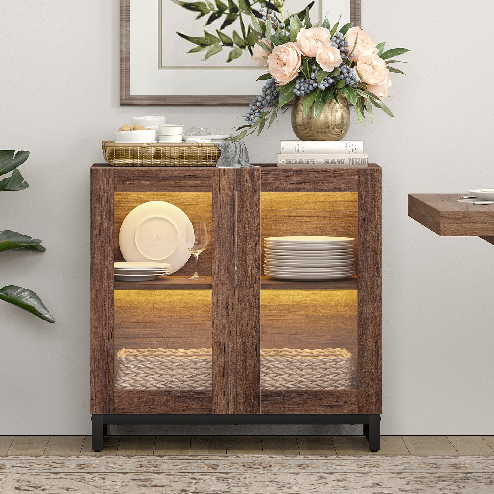 Modern Sideboard Buffet Cabinet with Glass Doors and Adjustable Shelf Coffee Bar Storage Cabinet for Living Room Kitchen,Brown