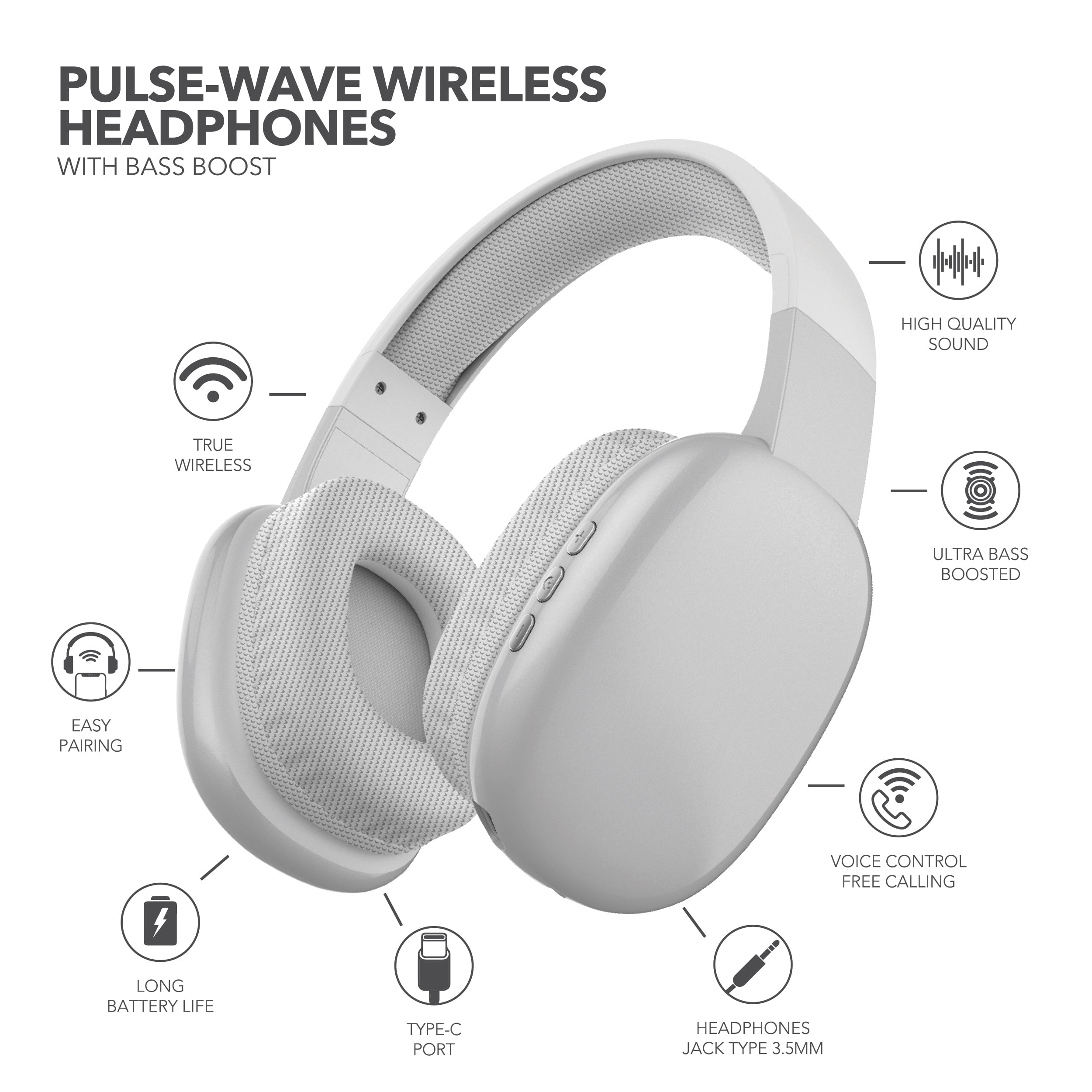 RCA Wave-56 Bluetooth Headphones, 40H Playtime, Hi-Res Audio, White