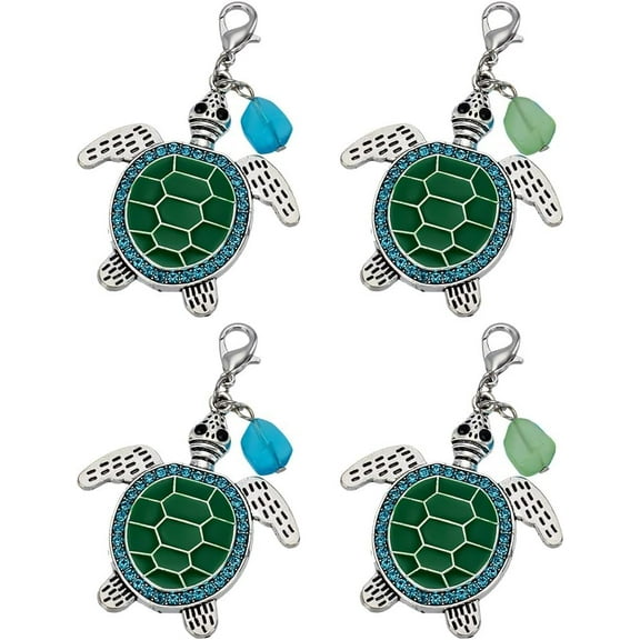 4 Pcs 2 Colors Sea Turtle Keychain with Alloy Lobster Claw Clasps and Rhinestone Cute Animal Themed Alloy Green Enamel Sea Turtle Keychain for Backpacks Bags Keys Accessories