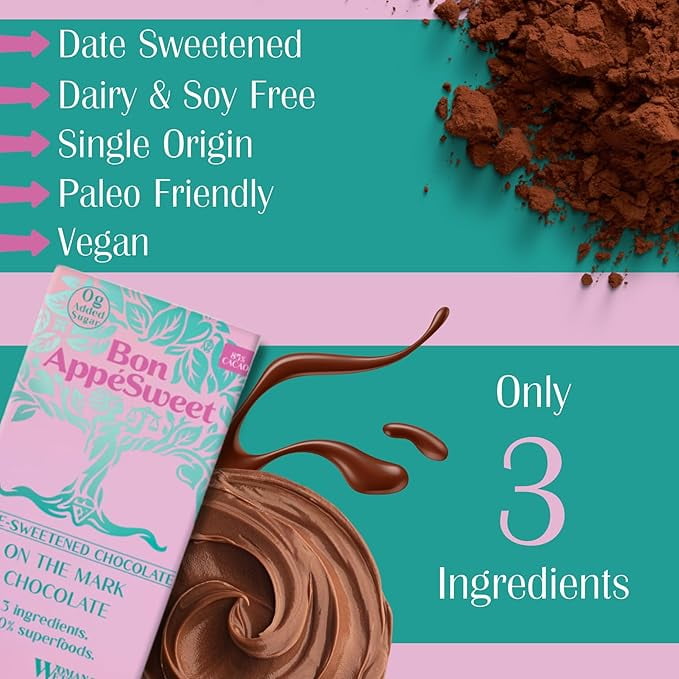 Bon Appesweet Date Sweetened Chocolate Bar - On The Mark Chocolate | 2.2 Ounce (Pack of 3) | Organic, Zero Added Sugar, 85% Cacao, Plant Based, Dairy Free, and Guilt Free!