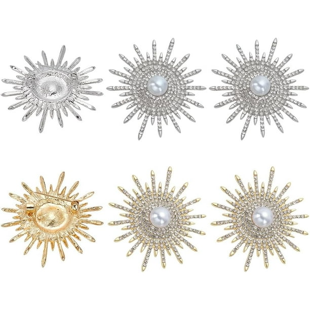 6 broches de sol con diamantes de imitación, 2 x 1,85 pulgadas, aleación de platino y oro, broche de girasol con perlas para mujer, broche de sol con diamantes de imitación y perlas.