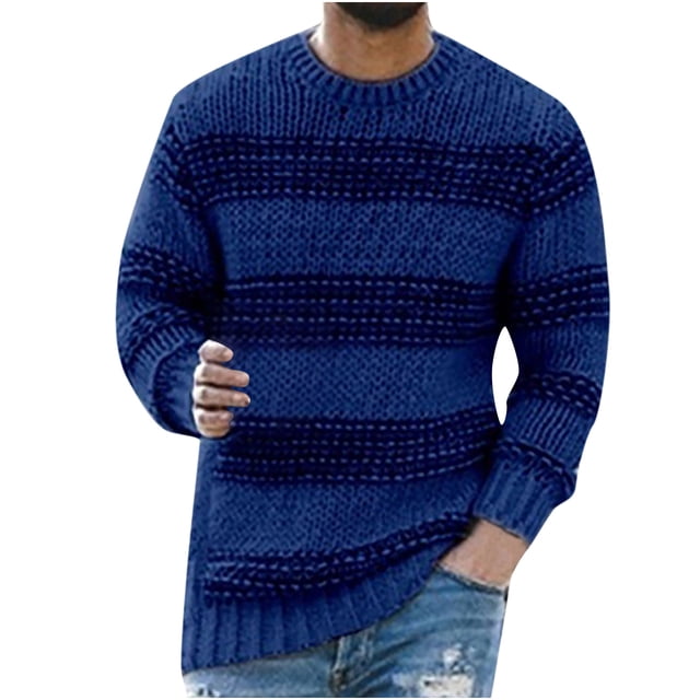 IROINNID Chandail à Col Rond pour Hommes, Manches Longues, Rayures Mi-Longues, Chandail Décontracté, Ourlet Côtelé