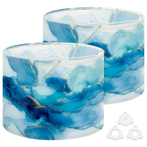 Lamp Shades Set of 2 Easy Assembly Cyan blue liquid watercolor golden stains Teal turquoise marble Drum Lampshades for Table Lamps Floor Lamps Pendant Light 13"x13"x10" Replacement Lamp Shade