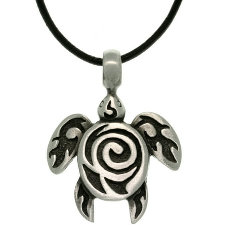 Turtle Pendant - Pewter Sea Turtle with Tribal Spiral Unisex Pendant on 18 Inch Black Leather Cord Necklace