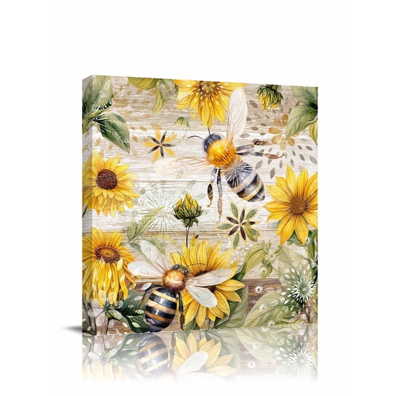 Summer Sunflower Bee Canvas Wall Art, Yellow Floral Plants Wood Grain Rustic Framed Wall Decor Modern Artwork Prints Painting for Living Room, Bedroom, Kitchen & Cafe Decor 8x8 Inch