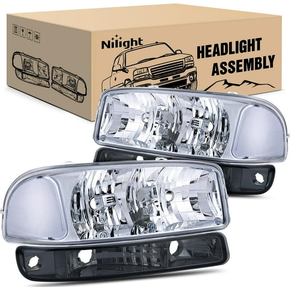 Nilight Headlight Assembly Compatible for 1999 2000 2001 2002 2003 2004 2005 2006 GMC Sierra Yukon, Smoke Bumper Light Chrome Housing Clear Corner Clear Lens, Headlights Assembly Replacement
