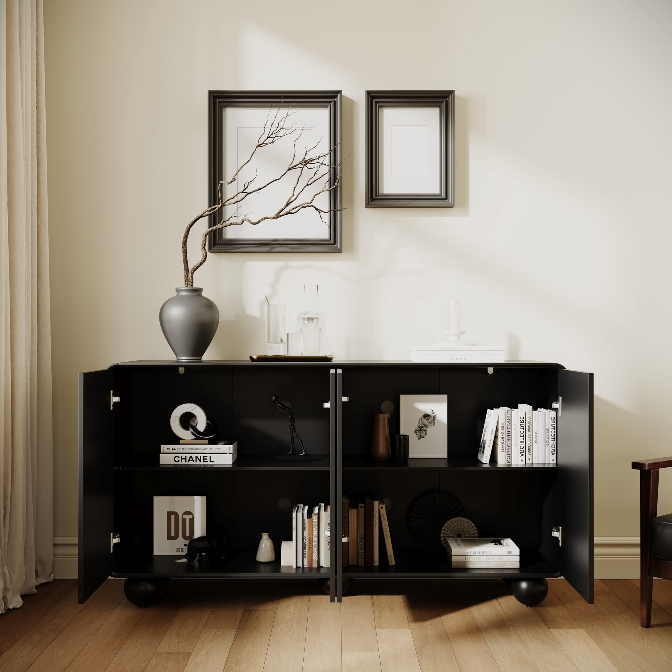 Noble House Neris Modern Buffet Cabinet with Honeycomb Textured Doors, Accent Credenza Large Console Table, Black