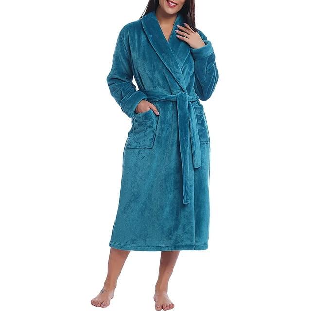 Women Plush Fleece Robe Long Warm Bathrobe Shawl Collar/Hood