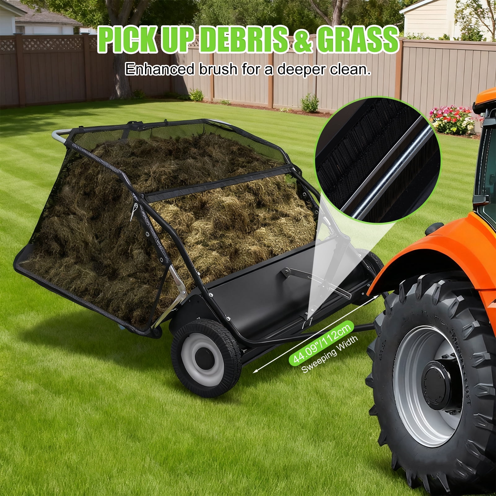 Yedigre Ride-On Tow Behind Yard Sweeper - 44” Wide Cleanup for Leaves, Grass Clippings & Debris, Easy-Dump Hopper