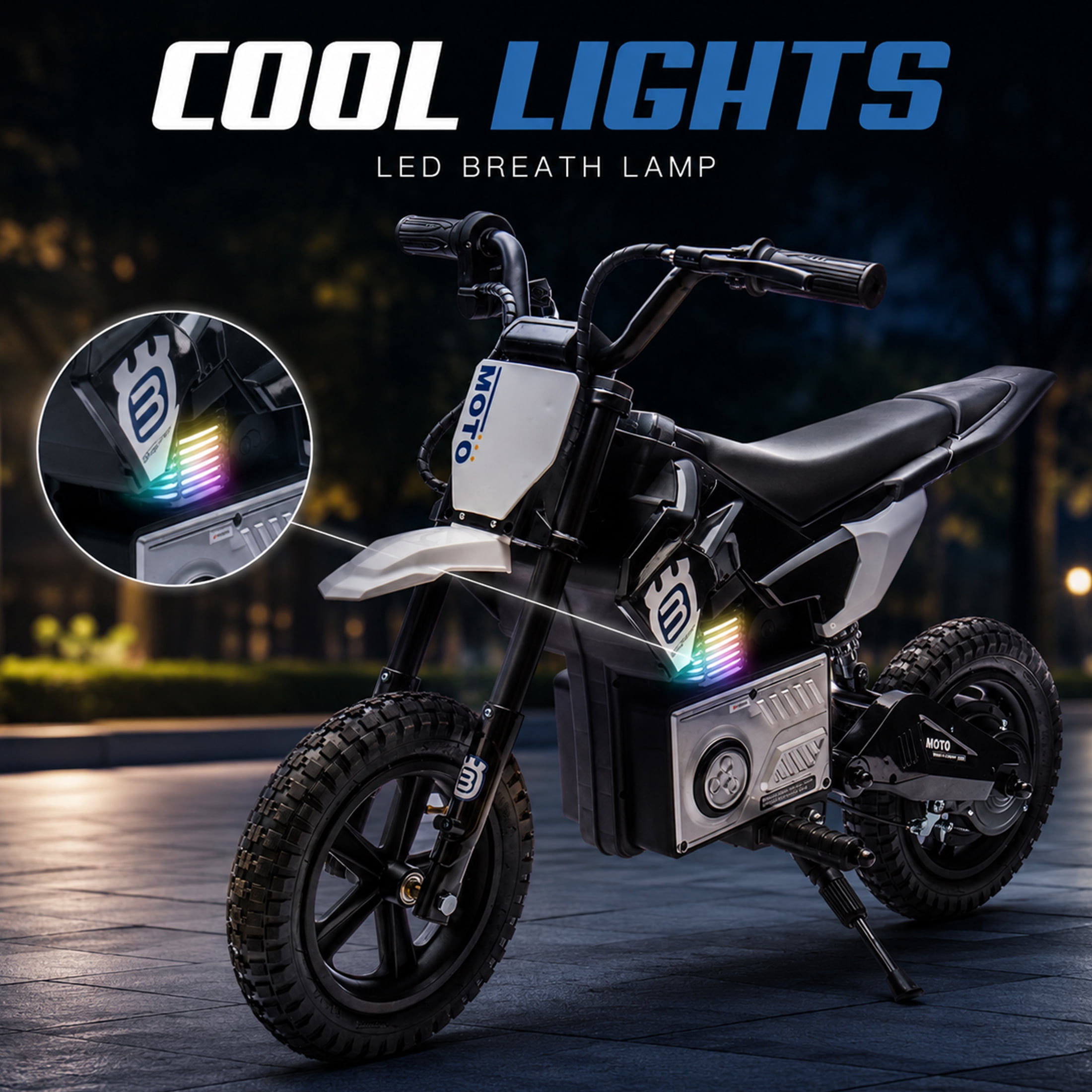 24V Kids Electric Motocross Motorcycle with Bluetooth Music - 200W Power, Rear Shock Absorber, LED Breathing Lights, Adjustable Speed up to 9.32 MPH - Powered Ride On Toy for Boys Girls Ages 5-15