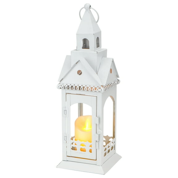 Rustic Style Metal Candle Lantern 13'' High Decorative Outdoor Lantern Candle Holder with Tempered Glass House Shape