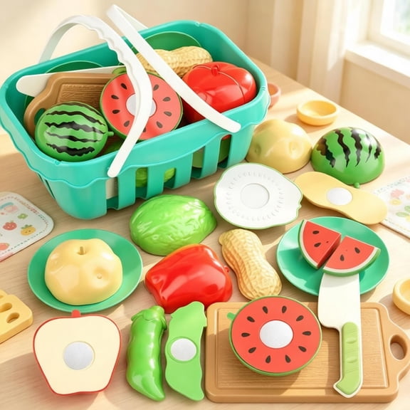 Kids Cutting Play Food Pretend Kitchen Toys Set, Toddler Cuttable Fruits Vegetables Toy, Educational Fine Motor Skills Toy, Birthday Gift for Toddler Boys Girls Ages 3 4 5 6 Years Old