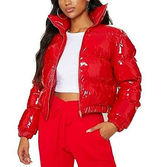 jsaierl Womens Cropped Jackets Mirror PU Leather Puffer Jacket Fashion Zipper Solid Cropped Jacket Bubble Coats For Women