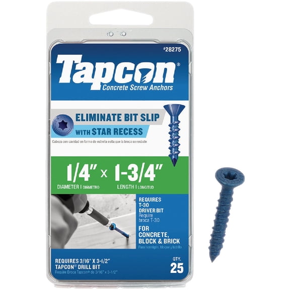 Tapcon 28275 1/4x1-3/4 Blue Star Drive Bugle Head Concrete Anchors 25/Box