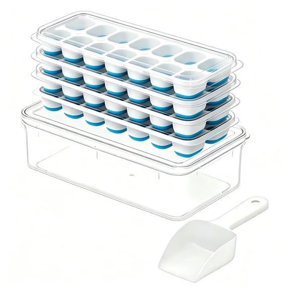 USIONE Ice Cube Tray with Lid and Bin - 4 Pack Silicone Ice Cube Trays for Freezer, Stackable Ice Bucket Kits with Storage Container & Scoop for Kitchen, RV, Cocktail, Coffee