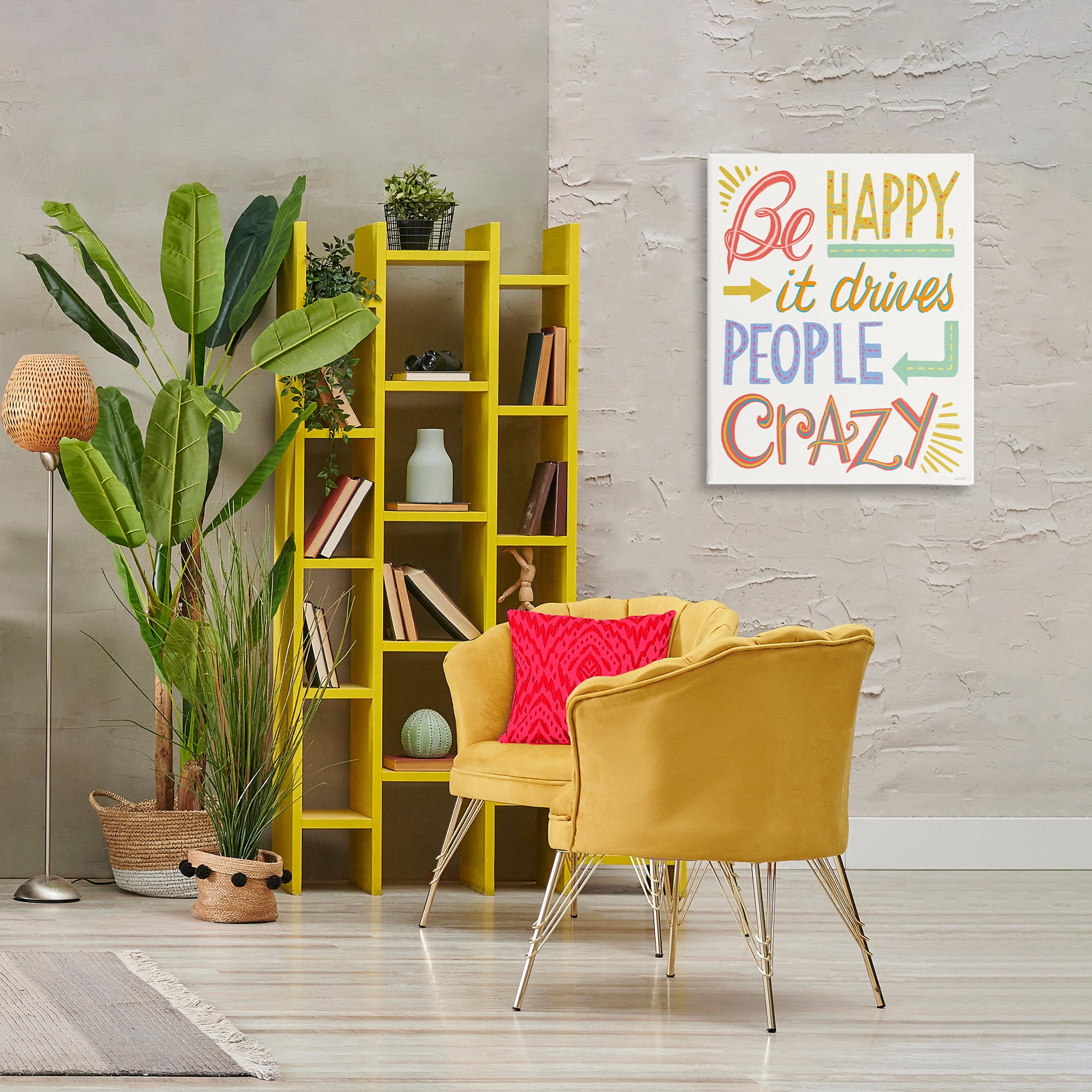 Stupell Industries Bright Be Happy Phrase Typography Painting Gallery Wrapped Canvas Art Print Wall Art, 24 x 30