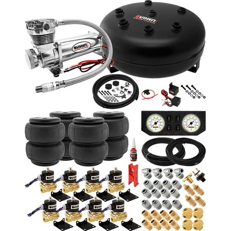 8 Valve Full Suspension System with 4 Gallon (15 Liter) Pancake Air Tank, 200 PSI Chrome Compressor, Four 2600-type Airbags, Gauges, Fittings and Hoses