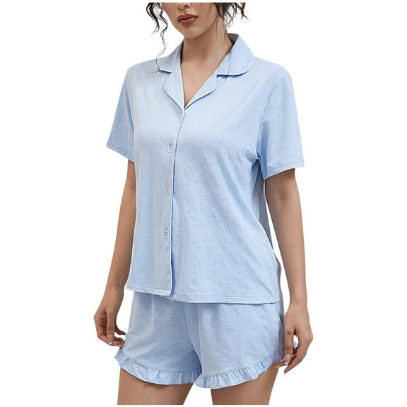 Wensltd Pajama Set Short Sleeve for Women Summer Loose Fit Elegant Style Breathable Button Down Sleepwear Multiple Colors