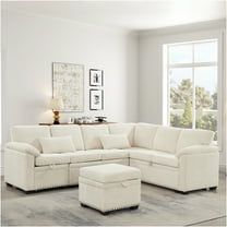 JERFIT Reversible L-Shaped Sectional Sofa with Storage Ottoman, 7-Piece Chenille Fabric Couch for Living Room, Beige