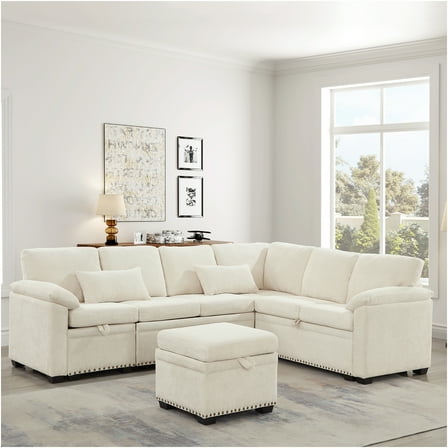 JERFIT Reversible L-Shaped Sectional Sofa with Storage Ottoman, 7-Piece Chenille Fabric Couch for Living Room, Beige