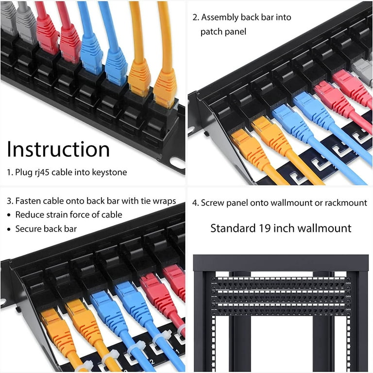 Iwillink 24 Port RJ45 Through Coupler 1U Cat6 Patch Panel UTP 19-Inch with  Back Bar, Wallmount or Rackmount, Compatible with Cat5, Cat5e, Cat6 Cabling  