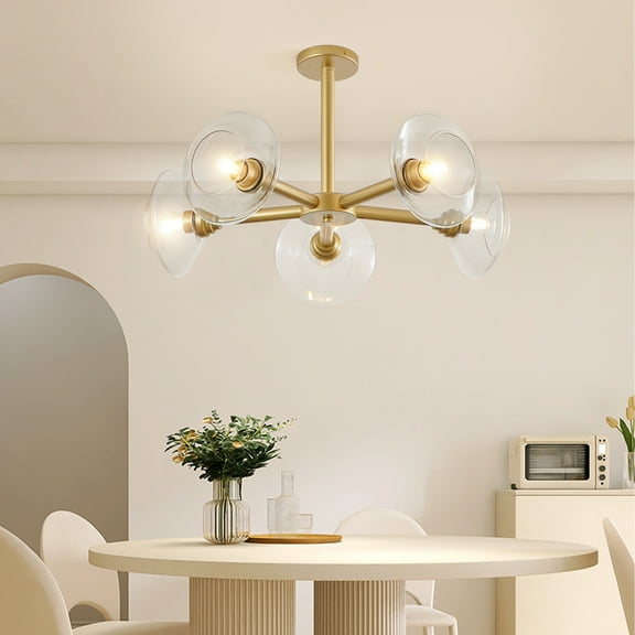 5-Light Globe Sputnik Chandelier Gold Dimmable 26.4 in Brushed Brass Finished with Clear Glass Lampshade Chandeliers