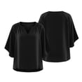 thumbnail image 4 of hoksml Women Raglan Gathered Notch V Neck Dolman Half Sleeve Blouse Cotton Linen Crinkle Loose Curved Hem Casual Top for Daily Vacation, 4 of 7