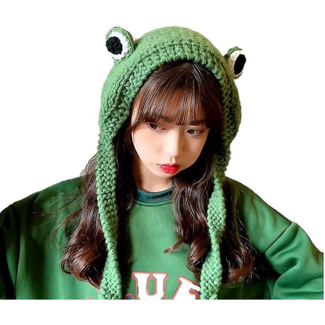 Gorro De Rana Dulce Gorro De Animal con Ojos - Gorro De Rana De Punto De Lana Verde para Adolescentes, Niños Y Adultos - Manténgase Abrigado Y Lindo