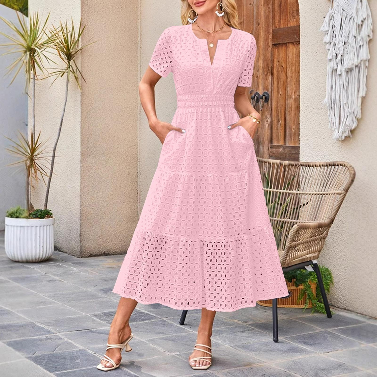 Dresses For Women Sevevn Women's Casual Pleated Elastic Waist Short Sleeve V-Neck Dress