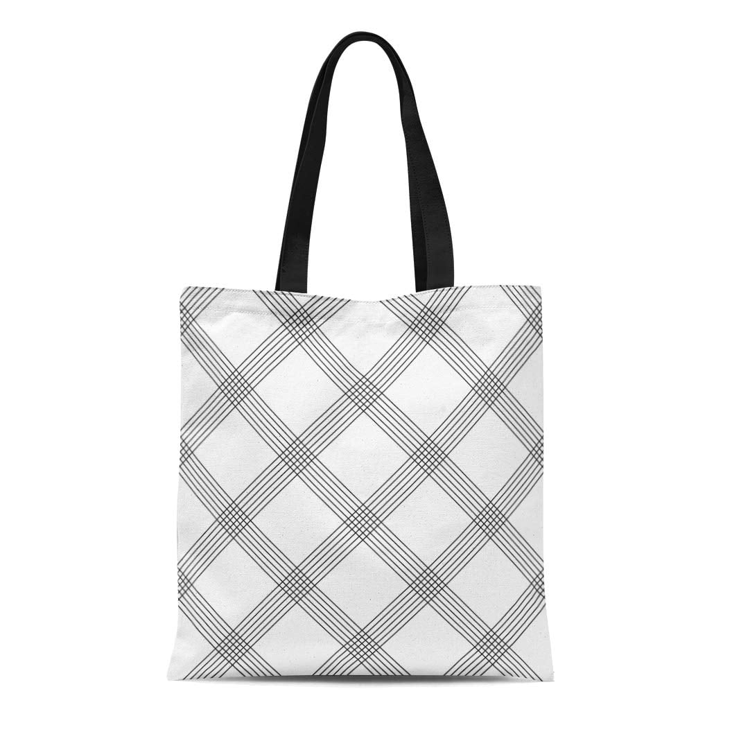 ASHLEIGH Canvas Tote Bag Tartan Pattern Black and White Woven British Plaid Abstract Durable ...