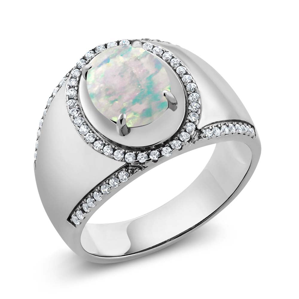 2.29 Ct Oval Cabochon White Simulated Opal 925 Sterling Silver Men's Ring by