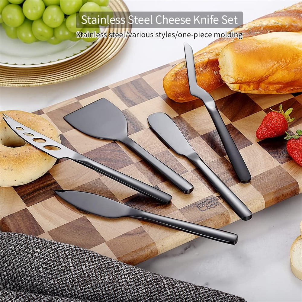 Cheese Knife Set of 5 for All Types of Cheese, NOGIS Stainless Steel Cheese Cutter Slicer Ergonomic Design for Confortable Grip and Cut, Butter Spreader Knife (Black)