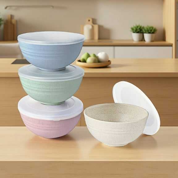 4 Pcs, 26 oz Wheat Straw Cereal Bowls with Lid, Resuable Bowls, Microwave and Dishwasher Safe