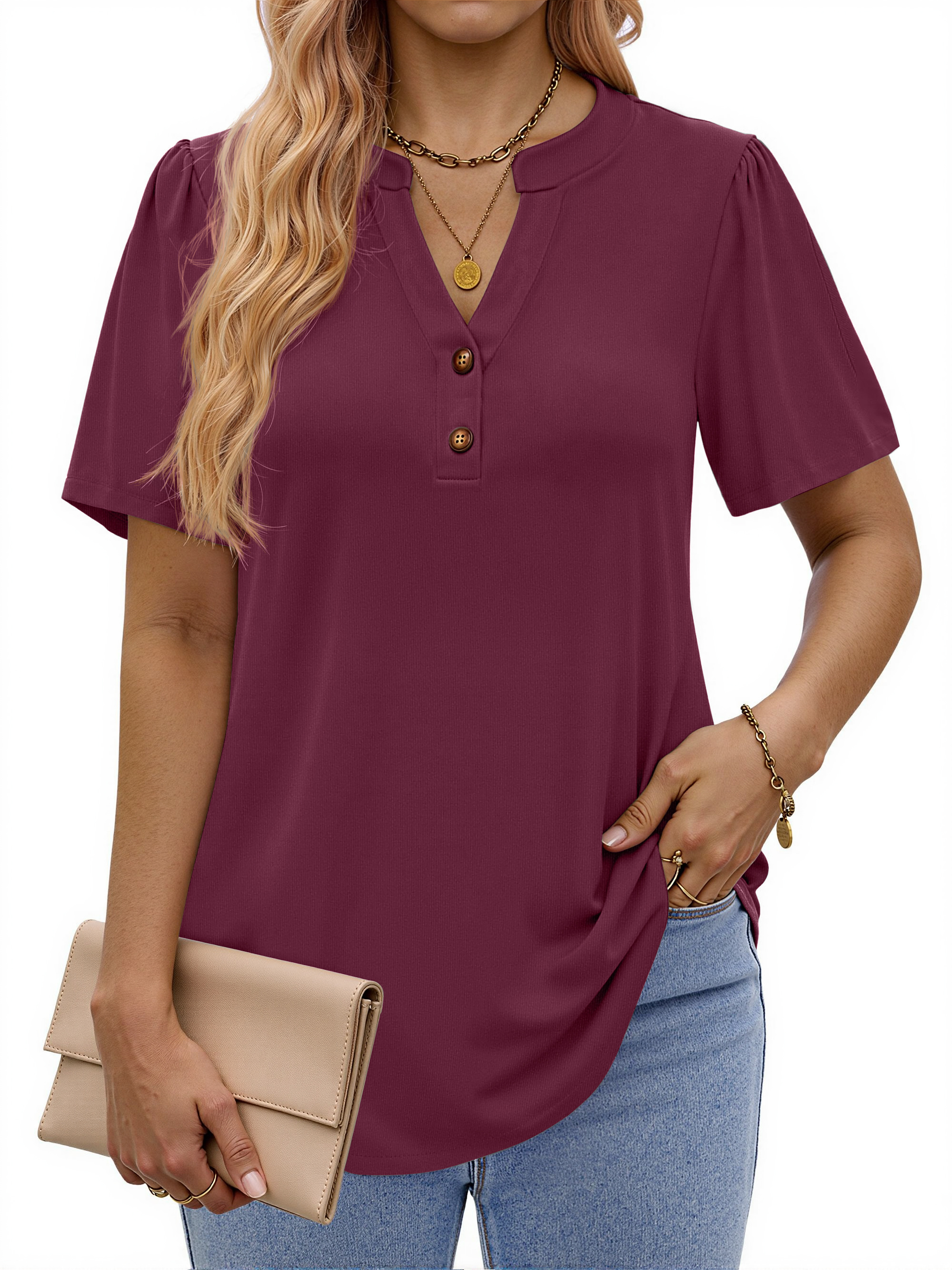 Fantaslook V Neck Henley Blouses for Women Dressy Casual Tops Summer Short Sleeve Shirts Fashion Clothes