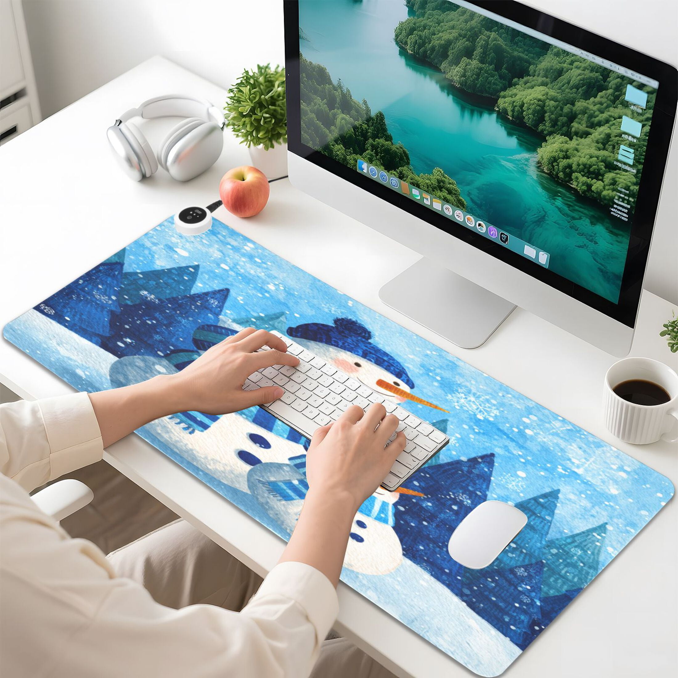 Large Heated Desk Mat Mouse Pad 31.5"x13"PU Leather Graphene Heating Desk Warmer with 3 Temperature Settings 110V US Plug Non-Slip Warm Pad for Home, Office, and Gaming Three Blue Cute Snowmen