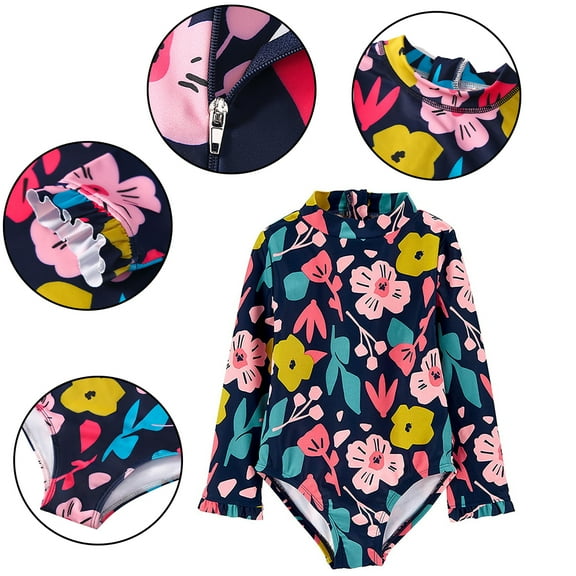 YTDSCS 3-9T Girls Long Sleeve Swimsuit Summer One Piece Bathing Suit Sun Printed Swimwear for Toddler Kids
