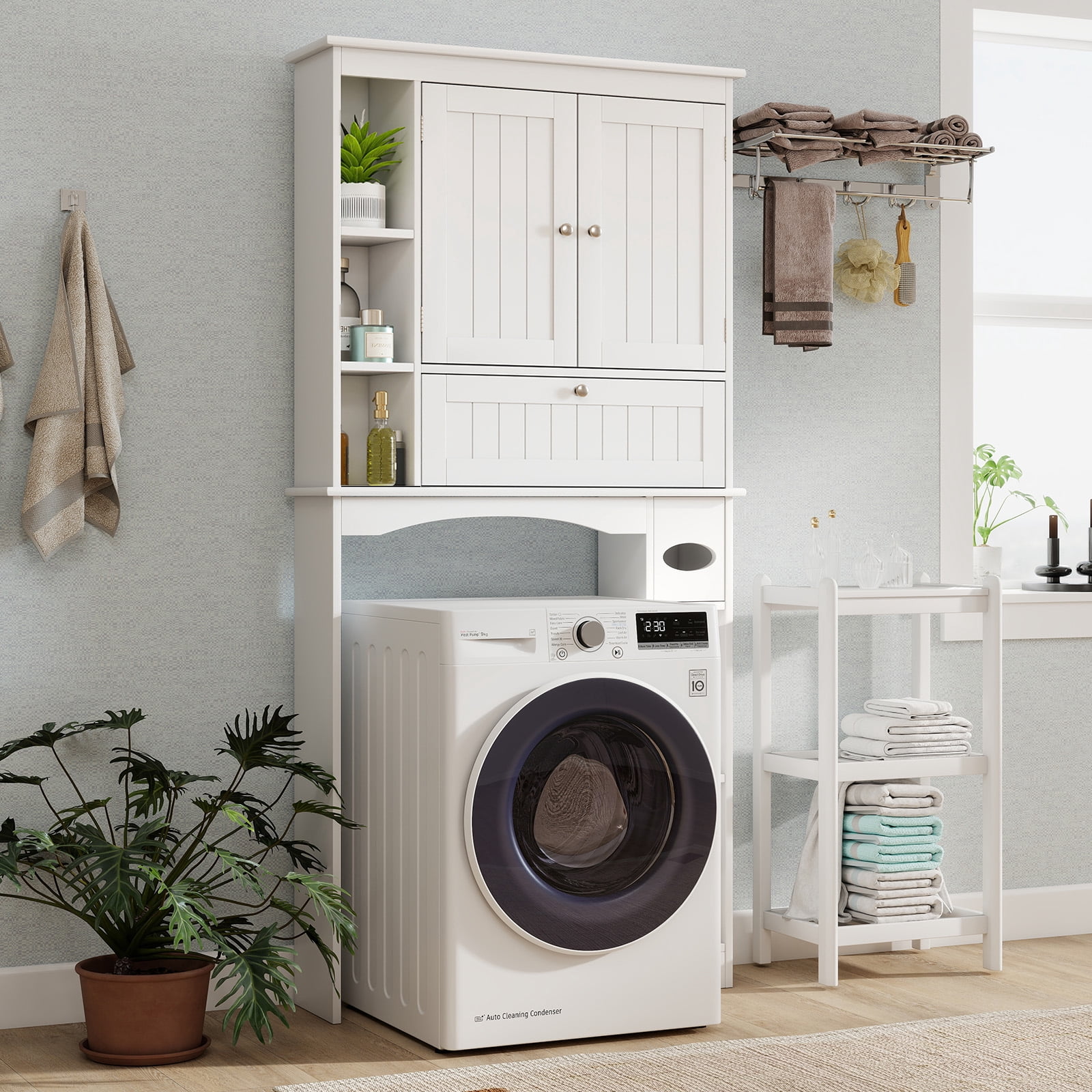 Costway Over the Toilet Storage Cabinet Bathroom Storage Organizer with Toilet Paper Holder White