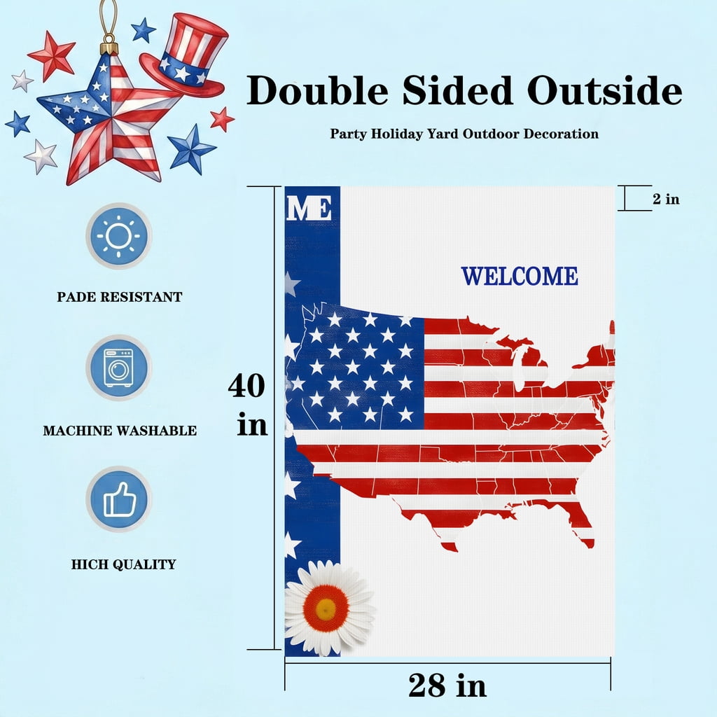 Americana Garden Flag A Map of the United States with an American Flag and a Daisy WELCOME USA 250 Anniversary Standard 28x40 Dimensions Red White and Blue Decorations for Home