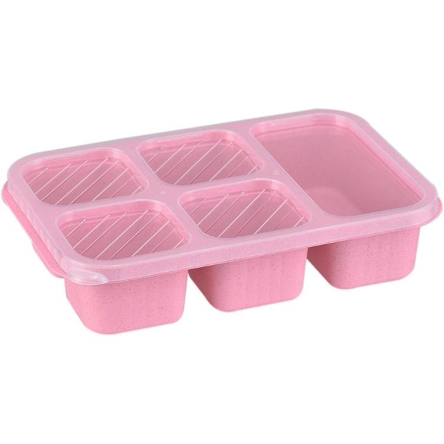 Wheat Straw Lunch Box, Lunch Box, Five-compartment Lunch Box, Tea Lunch Box with Lid, Fresh-keeping Snack Plate, Snack Snack Box, 5 squares - pink