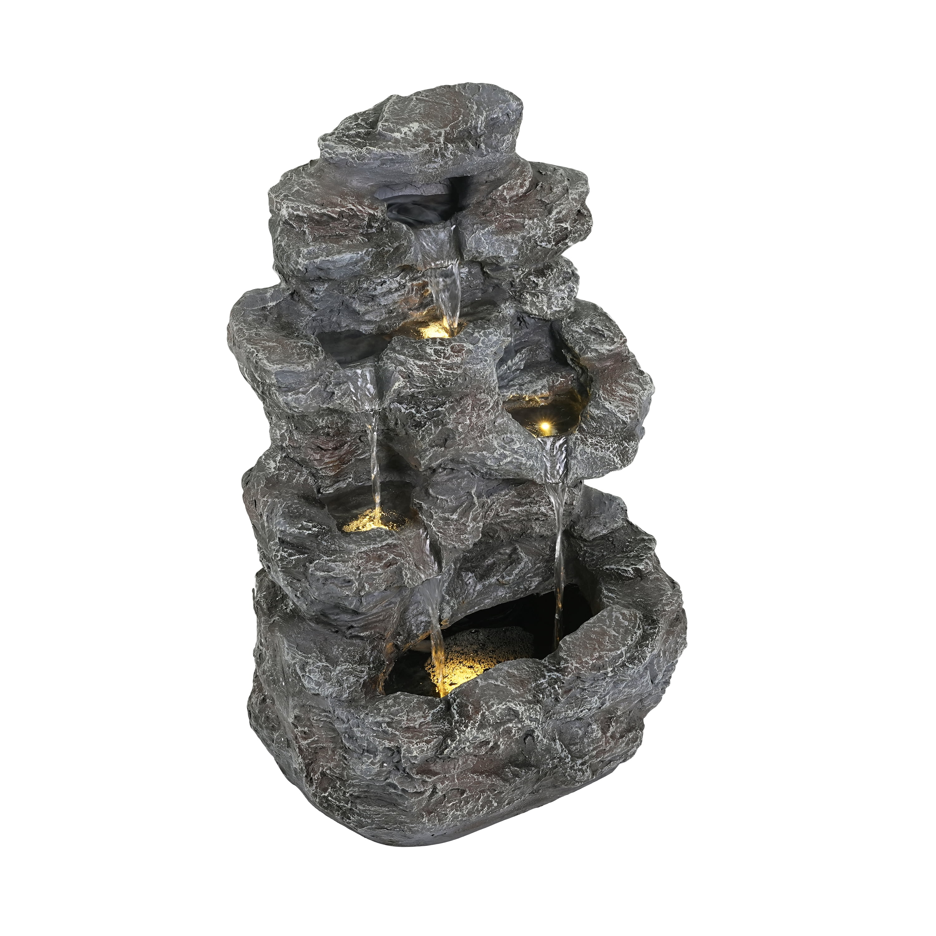 Mintazer 5-Tier Natural Rock Cascading Outdoor Fountain, Weatherproof Faux Rock Concrete Water Feature with Warm LED Lights & Silent Recirculating Pump for Patio Garden Backyard Decor, Gray