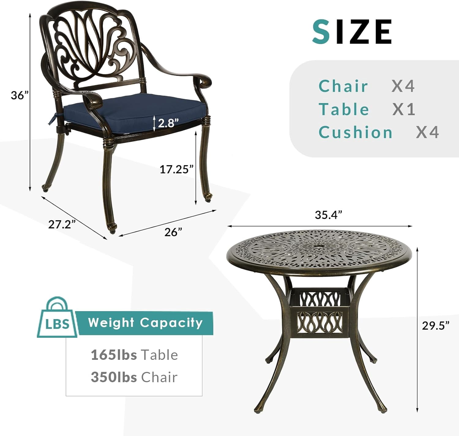 MEETWARM 5 Piece Outdoor Furniture Patio Dining Set, All-Weather Cast Aluminum Patio Table and Chairs Set- 4 Cushioned Chairs, 1 Round Dining Table with Umbrella Hole for Backyard, Navy Blue